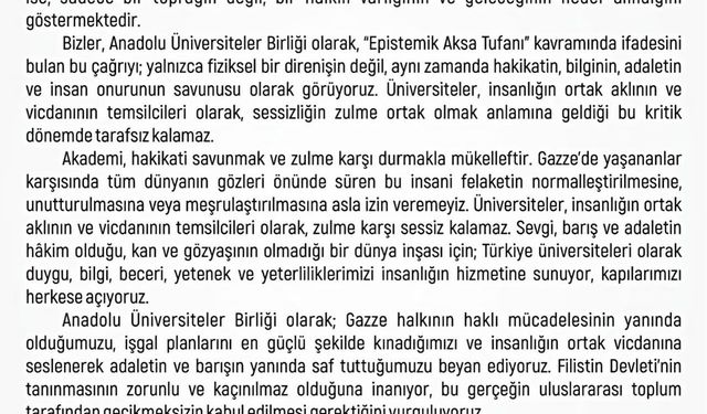 Anadolu Üniversiteler Birliği’nden Gazze ve Filistin açıklaması