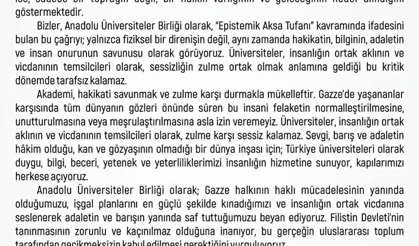 Anadolu Üniversiteler Birliği’nden Gazze ve Filistin açıklaması