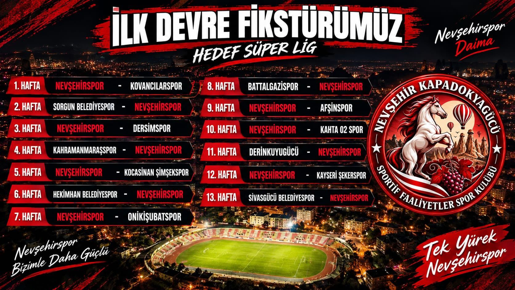 Nevşehirspor’un ilk devre fikstürü belli oldu